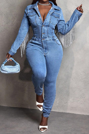 Chic Plus Size Denim Jumpsuit: Sequin Tassel Long Sleeve, Non-Stretch Style