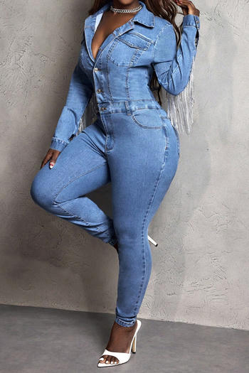 Chic Plus Size Denim Jumpsuit: Sequin Tassel Long Sleeve, Non-Stretch Style