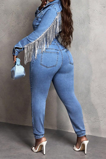Chic Plus Size Denim Jumpsuit: Sequin Tassel Long Sleeve, Non-Stretch Style