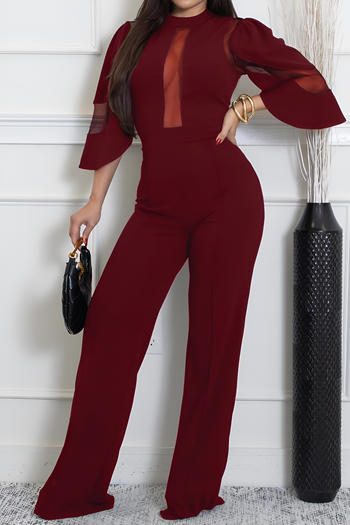 Elegant Plus Size Mesh Stitching Three-Quarter Sleeve Stretch Jumpsuit