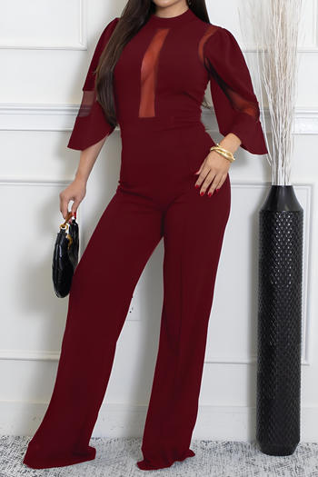 Sheer Panel Three-Quarter Sleeve Wide Leg Jumpsuit image 2