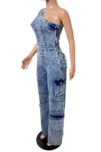 Chic Plus Size One-Shoulder Stretch Denim Jumpsuit with Wide Legs