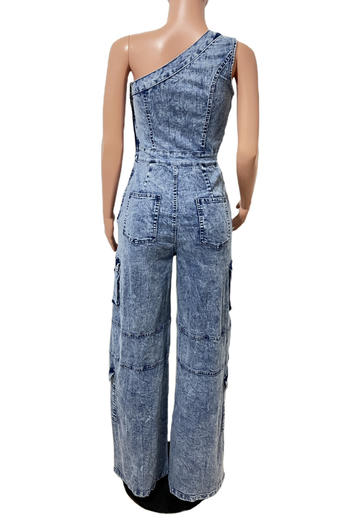 Chic Plus Size One-Shoulder Stretch Denim Jumpsuit with Wide Legs