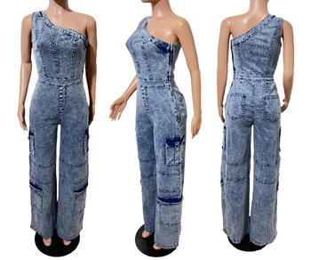 Chic Plus Size One-Shoulder Stretch Denim Jumpsuit with Wide Legs