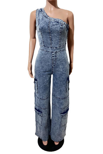 Chic Plus Size One-Shoulder Stretch Denim Jumpsuit with Wide Legs