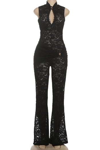 Sexy Slight Stretch See Through Lace Stitching Sleeveless Jumpsuit