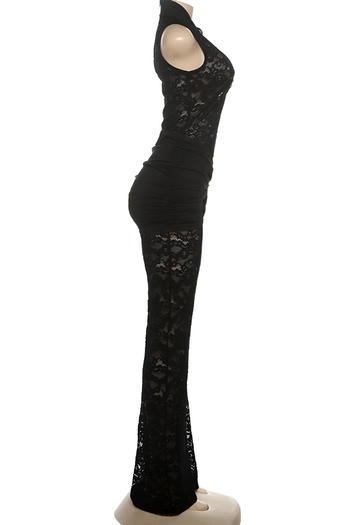 Sexy Slight Stretch See Through Lace Stitching Sleeveless Jumpsuit