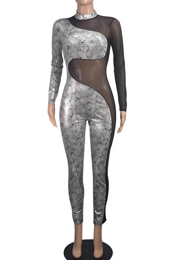 Sexy Plus Size Snake Print See-Through Mesh Patchwork Jumpsuit