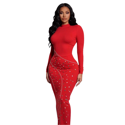 Red dress with embellishments on a white background