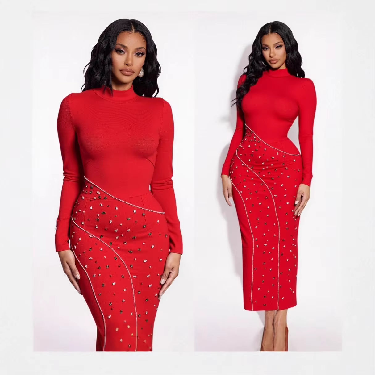 Red dress with decorative elements on a white background