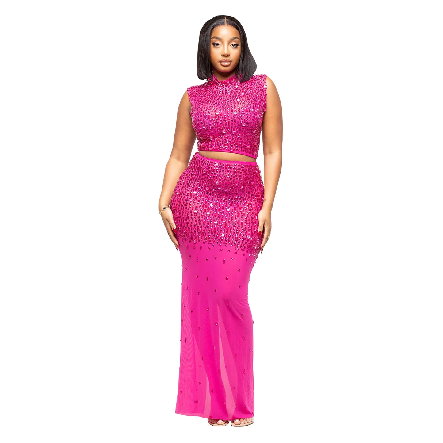 Embellished Curve-Hugging Two-Piece Maxi Skirt Set