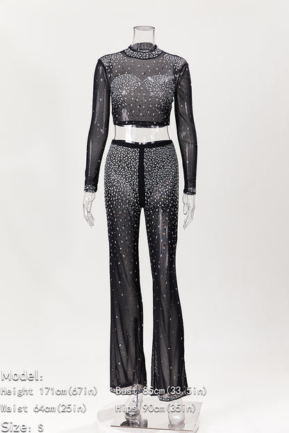Photo Op Sheer Rhinestone Crop Top and Pants Set