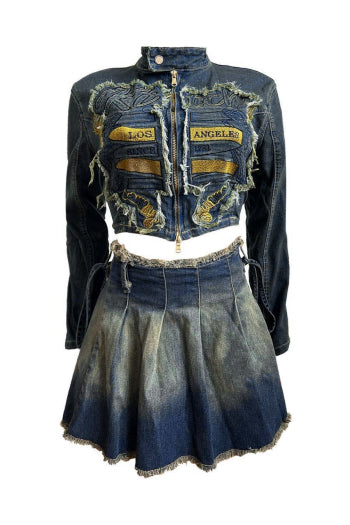 Stylish Plus Size Denim Jacket Skirt Set