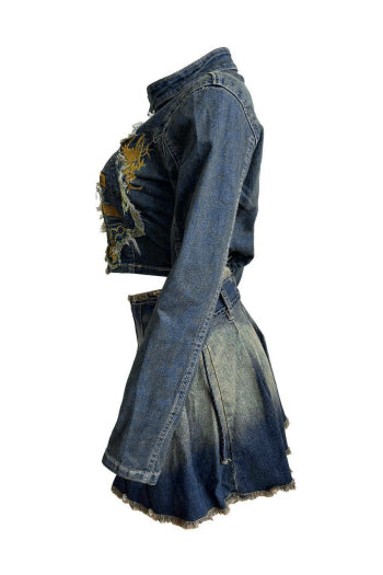Stylish Plus Size Denim Jacket Skirt Set