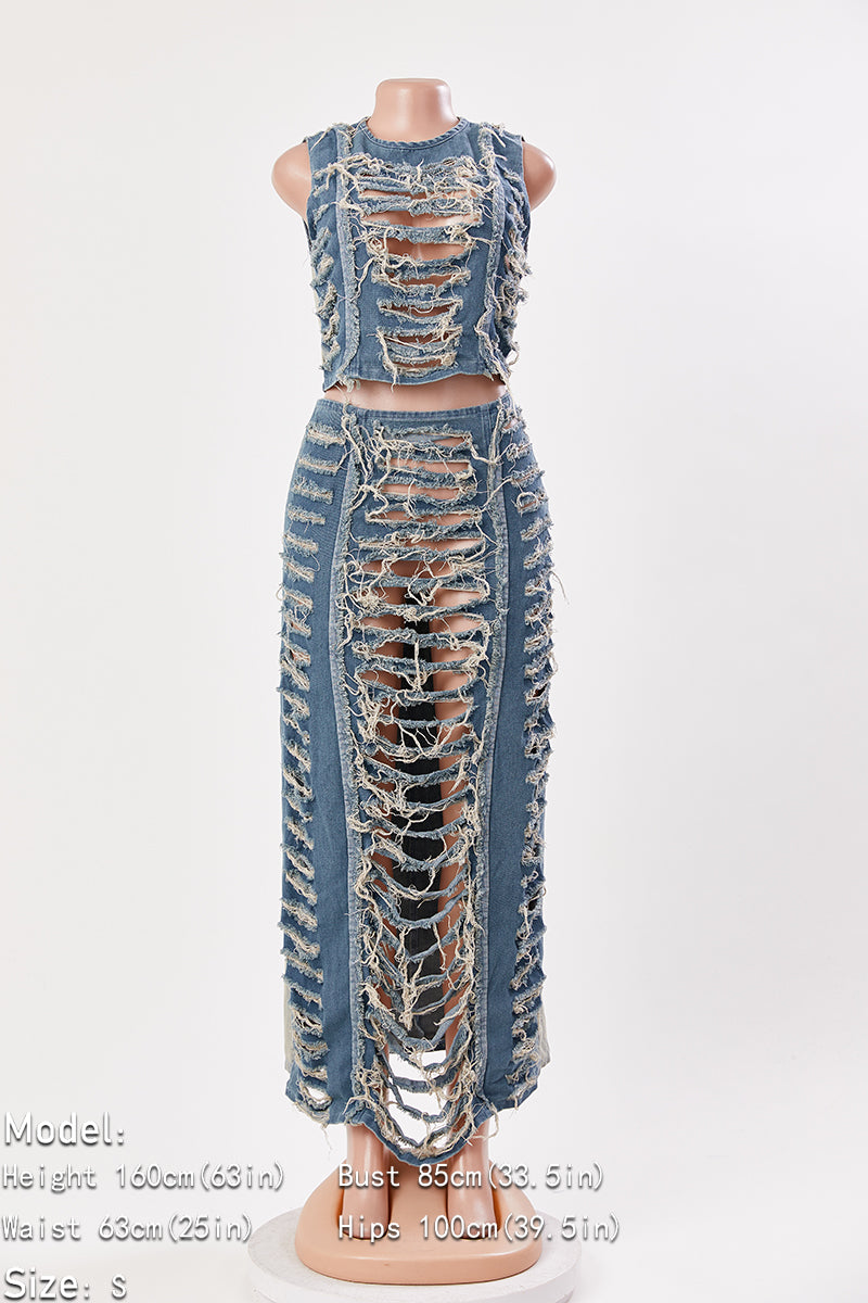 Distressed Denim Two-Piece Set – Sleeveless Crop Top & Maxi Skirt