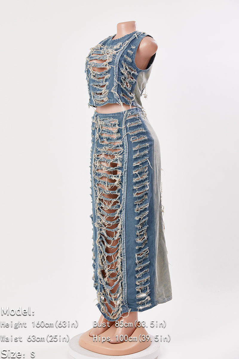 Distressed Denim Two-Piece Set – Sleeveless Crop Top & Maxi Skirt