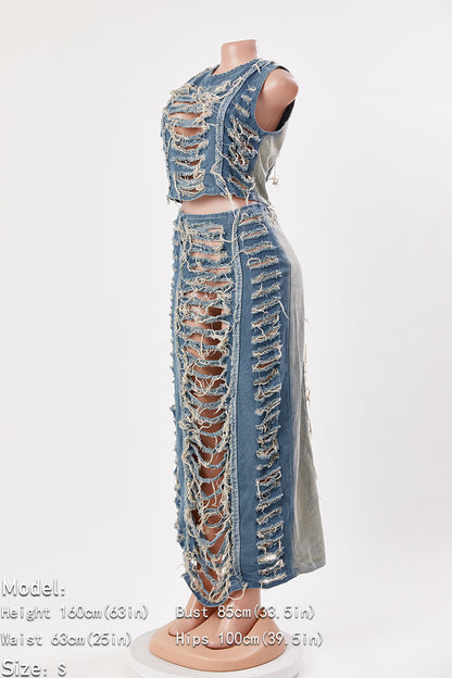 Distressed Denim Two-Piece Set – Sleeveless Crop Top & Maxi Skirt
