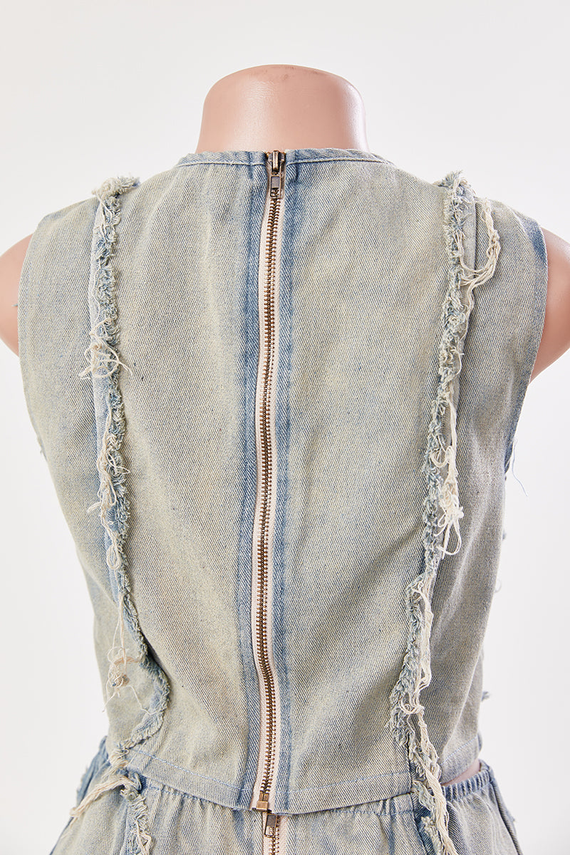 Distressed Denim Two-Piece Set – Sleeveless Crop Top & Maxi Skirt