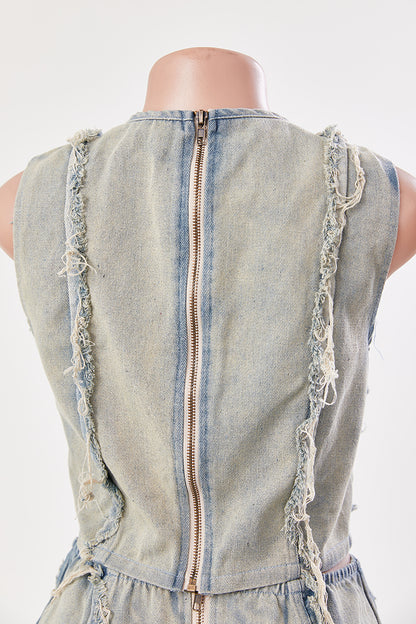 Distressed Denim Two-Piece Set – Sleeveless Crop Top & Maxi Skirt