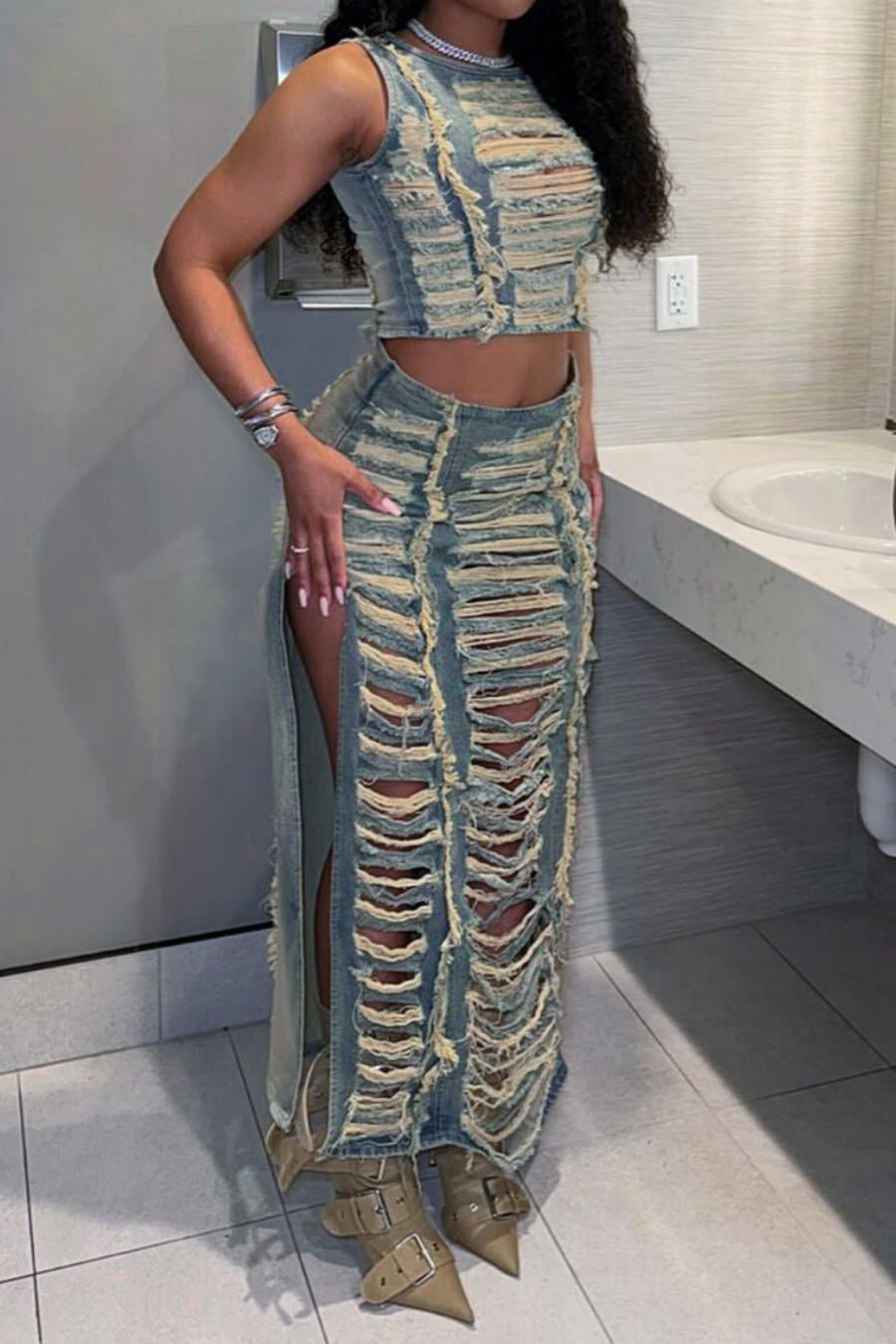 Distressed Denim Two-Piece Set – Sleeveless Crop Top & Maxi Skirt