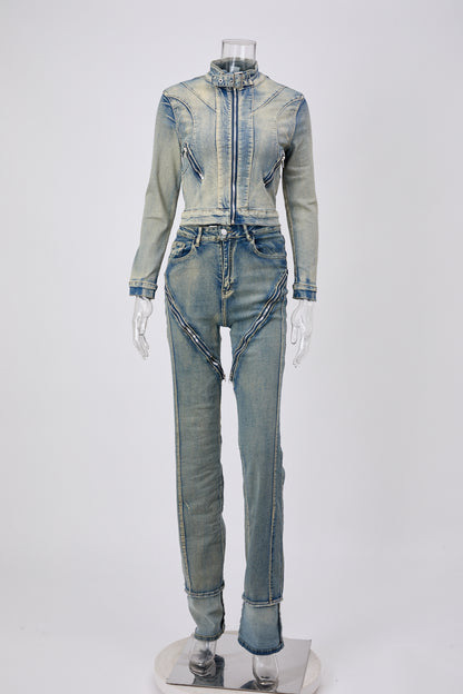 Zip Edge Denim Two-Piece Set