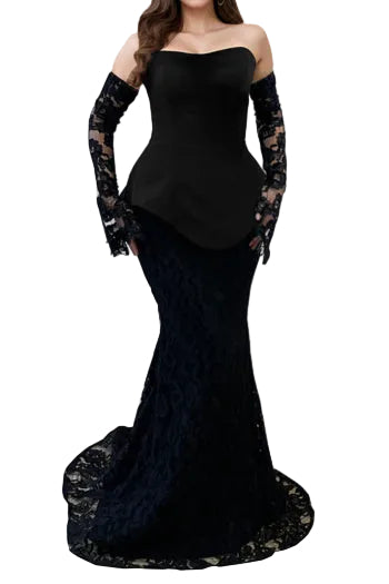 Stylish Plus Size Non-Stretch Tube Top Vest Lace Maxi Skirt Set