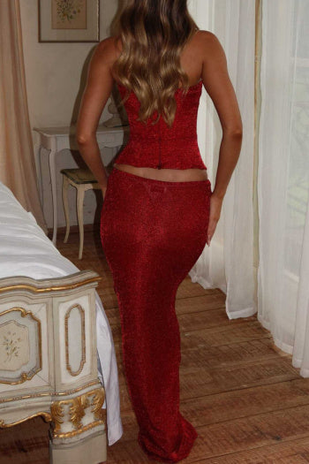 Elegant Slight Stretch Tube Top 3D Flower Maxi Skirt Set
