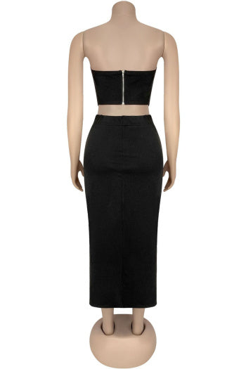 Casual Plus Size Slight Stretch Solid Color Tube Top Slim Slit Midi Skirt Set