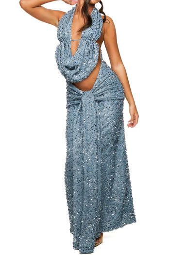 Sparkling Halter Neck Vest & Maxi Skirt Set: Dazzling Sequin Decor, Slight Stretch