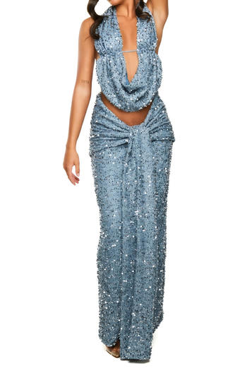 Sparkling Halter Neck Vest & Maxi Skirt Set: Dazzling Sequin Decor, Slight Stretch