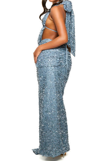 Sparkling Halter Neck Vest & Maxi Skirt Set: Dazzling Sequin Decor, Slight Stretch