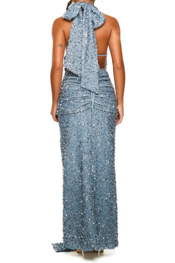 Sparkling Halter Neck Vest & Maxi Skirt Set: Dazzling Sequin Decor, Slight Stretch