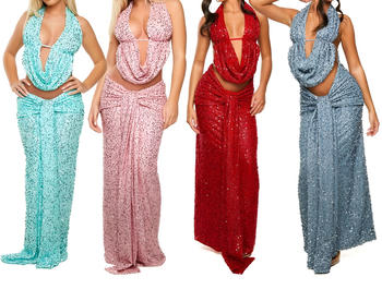 Sparkling Halter Neck Vest & Maxi Skirt Set: Dazzling Sequin Decor, Slight Stretch