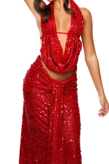 Sparkling Halter Neck Vest & Maxi Skirt Set: Dazzling Sequin Decor, Slight Stretch