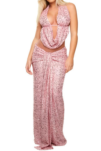 Sparkling Halter Neck Vest & Maxi Skirt Set: Dazzling Sequin Decor, Slight Stretch