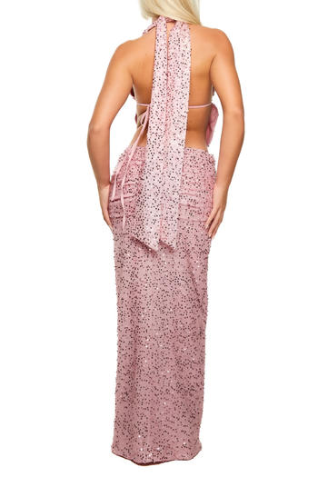 Sparkling Halter Neck Vest & Maxi Skirt Set: Dazzling Sequin Decor, Slight Stretch
