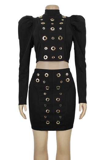 Chic Plus Size Rivet Decor Mini Skirt Set: Stylish Stretch Two-Piece Outfit