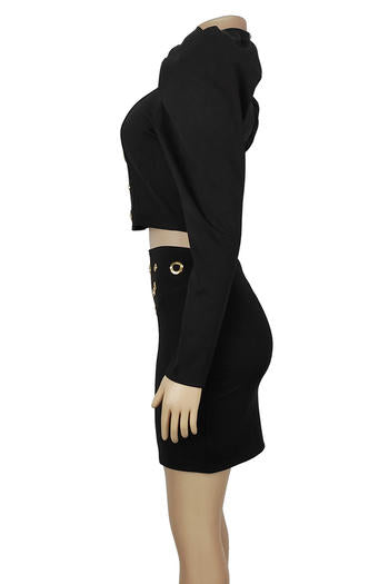 Chic Plus Size Rivet Decor Mini Skirt Set: Stylish Stretch Two-Piece Outfit