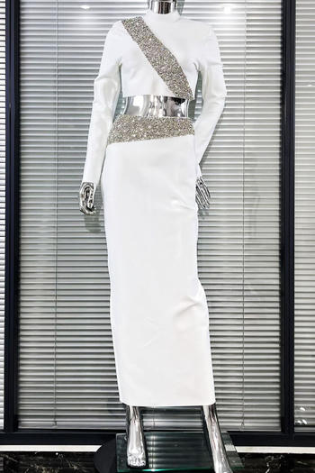 Elegant Stretch Rhinestone Crop Top and High Slit Maxi Skirt Set for Women