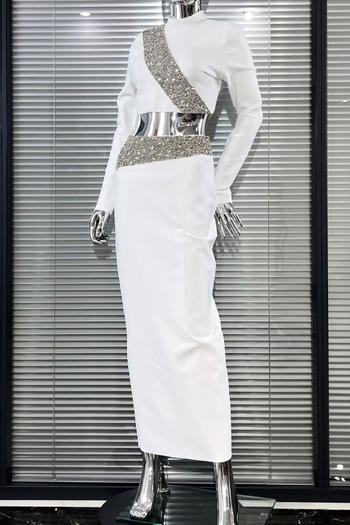 Elegant Stretch Rhinestone Crop Top and High Slit Maxi Skirt Set for Women