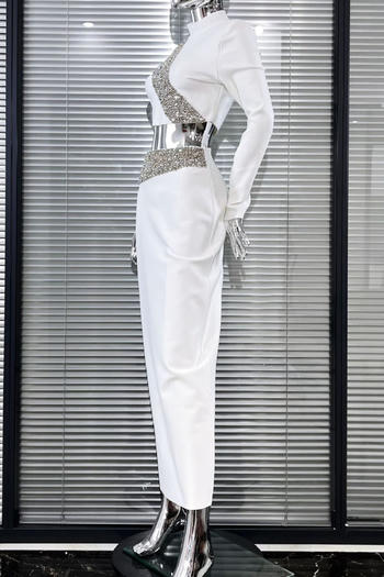 Elegant Stretch Rhinestone Crop Top and High Slit Maxi Skirt Set for Women