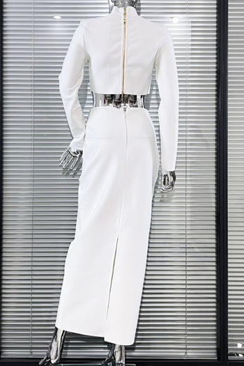 Elegant Stretch Rhinestone Crop Top and High Slit Maxi Skirt Set for Women