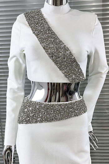 Elegant Stretch Rhinestone Crop Top and High Slit Maxi Skirt Set for Women