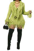 Chic Plus Size Knit Tassel Mini Skirt Set - Long Sleeve Top & Skirt