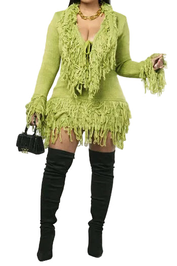 Chic Plus Size Knit Tassel Mini Skirt Set - Long Sleeve Top & Skirt