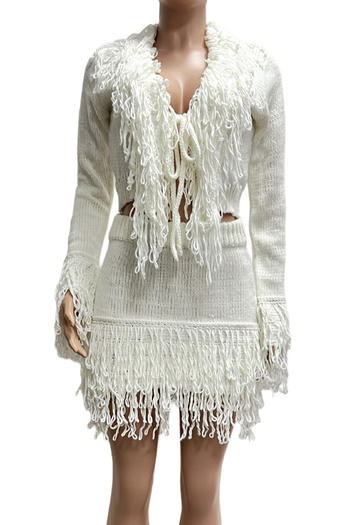 Chic Plus Size Knit Tassel Mini Skirt Set - Long Sleeve Top & Skirt