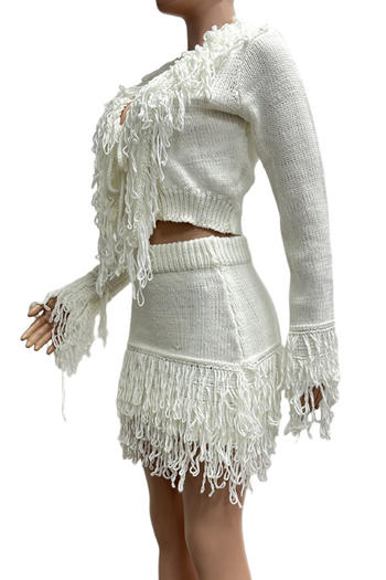Chic Plus Size Knit Tassel Mini Skirt Set - Long Sleeve Top & Skirt