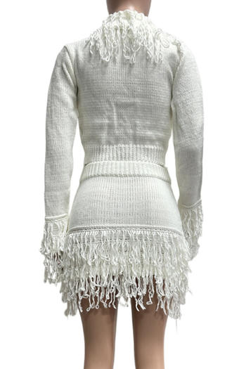Chic Plus Size Knit Tassel Mini Skirt Set - Long Sleeve Top & Skirt