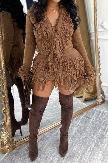 Chic Plus Size Knit Tassel Mini Skirt Set - Long Sleeve Top & Skirt