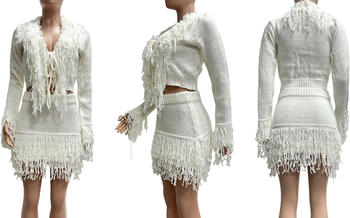 Chic Plus Size Knit Tassel Mini Skirt Set - Long Sleeve Top & Skirt